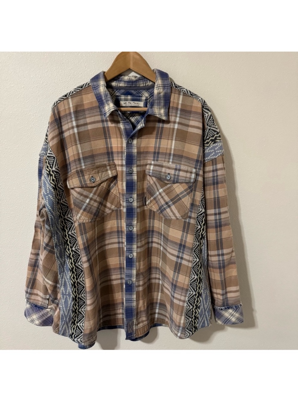 Free People We the Free Patched Up Plaid Flannel Button Up Shirt Blue Tan-Large
